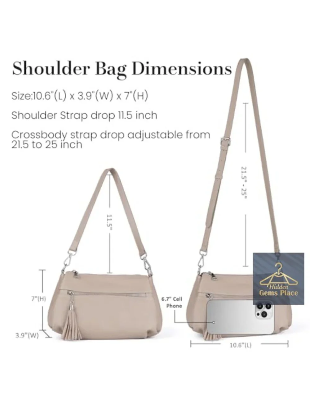 Genuine Leather Crossbody Hobo Bag with 2 Detachable Straps, Multi Pockets